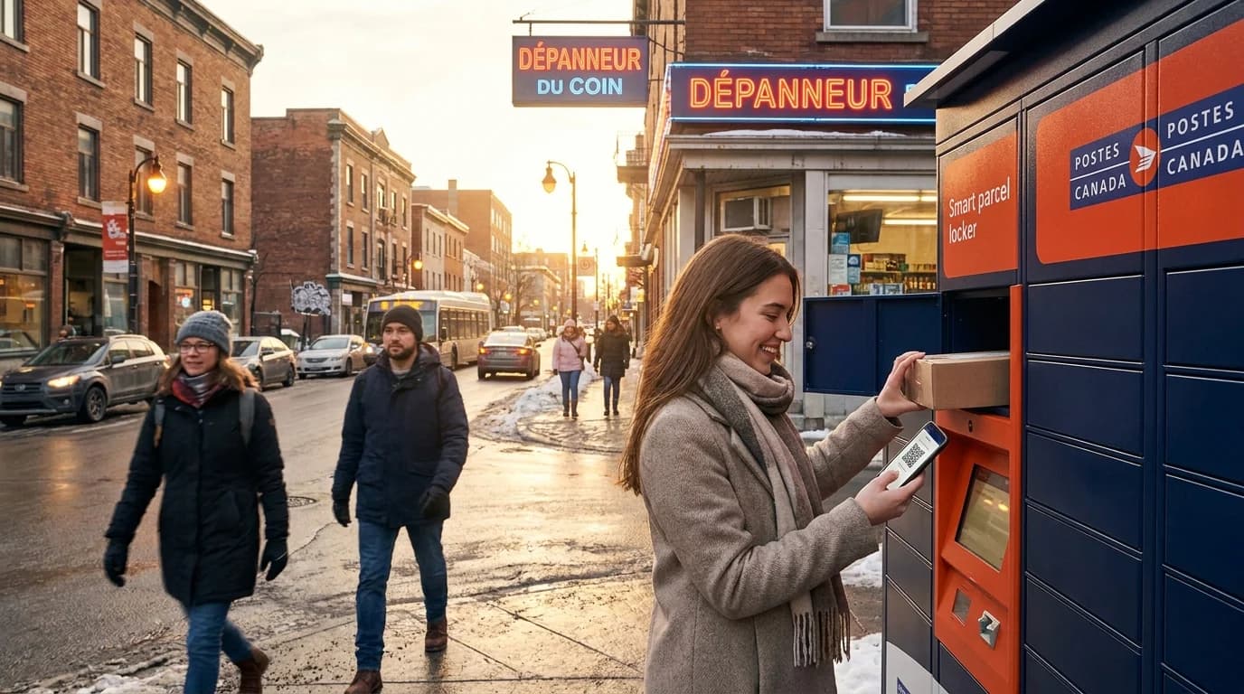 Femme qui récupère un colis à un casier MesColis dans une rue de Montréal
