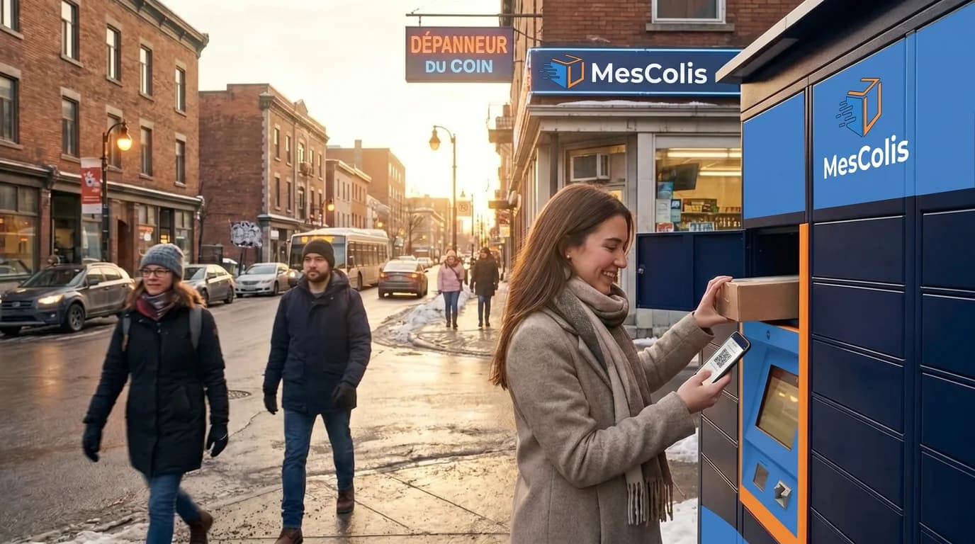 Femme qui récupère un colis à un casier MesColis dans une rue de Montréal
